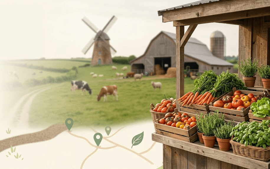 A Dutch farm shop stall with fresh vegetables, a windmill and barn in the countryside